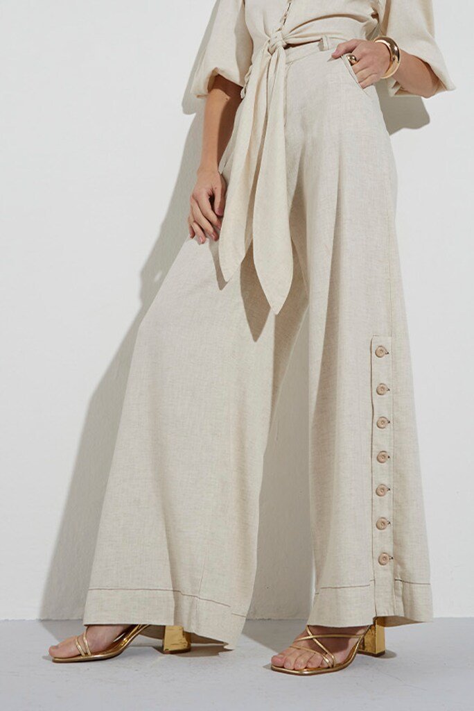 Calça Viscolinho Pantalona Com Botões