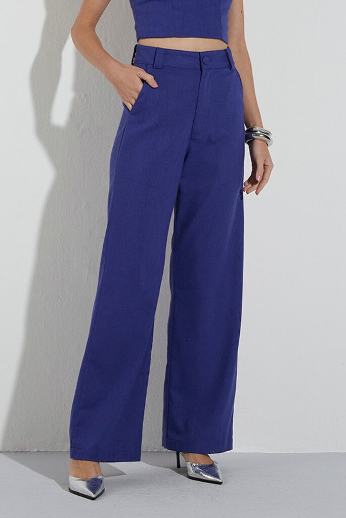 Calça Linho Wide Leg Azul Royal