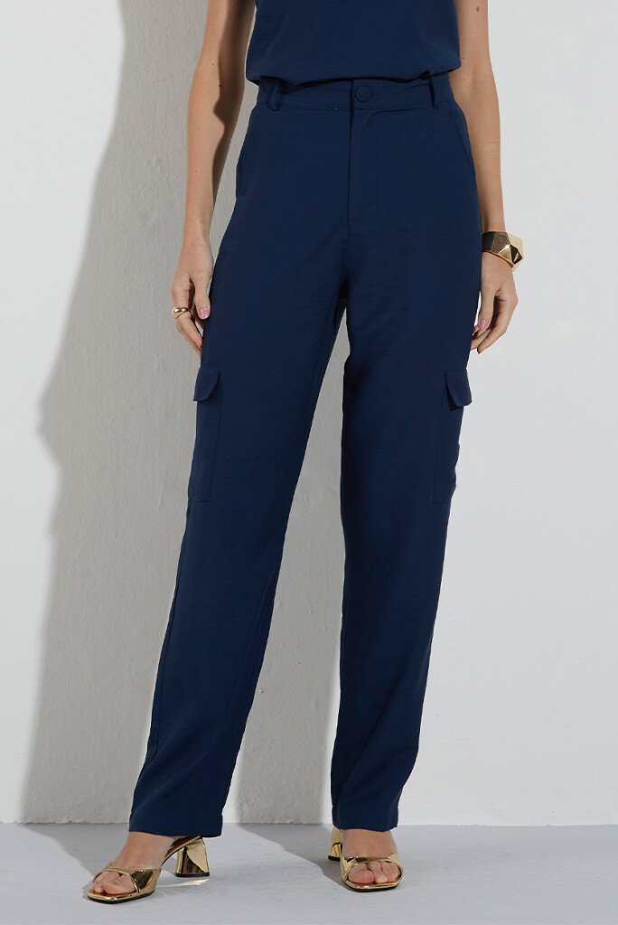 Calça Reta Alfaiataria Cós Alto Com Bolso Cargo Azul