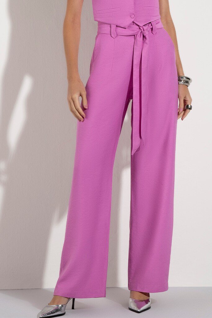 Calça Wide Leg Plano Rosa Melissa Com Faixa