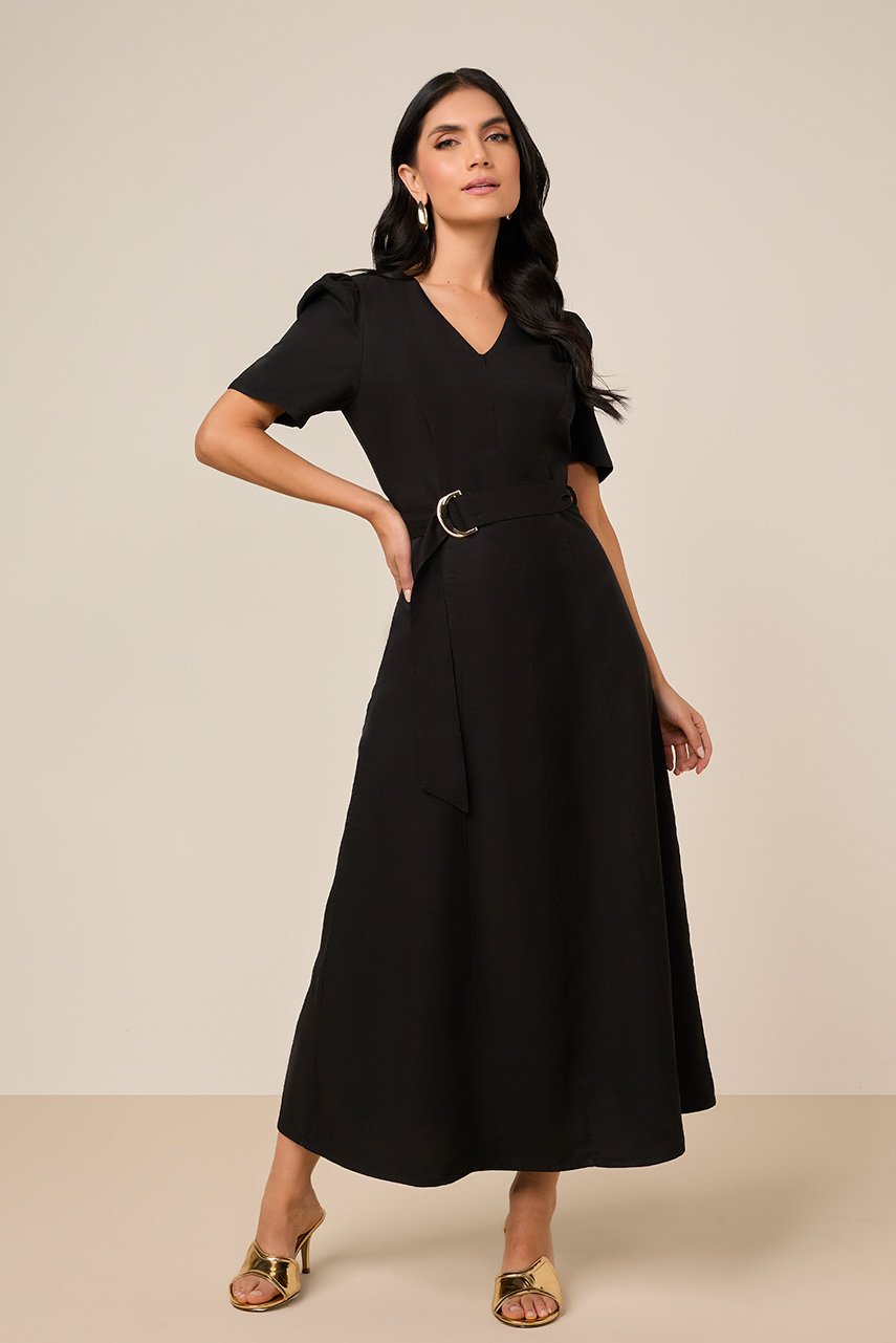 Vestido Mídi Godê Alfaiataria de Viscose Preto Com Faixa Titanium Jeans