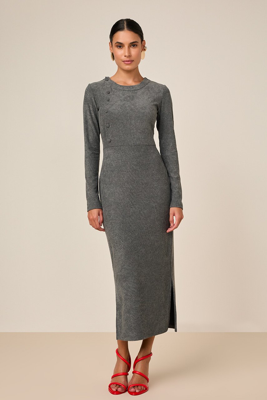 Vestido Tubinho Malha Cotelê Cinza Com Botões Titanium Jeans
