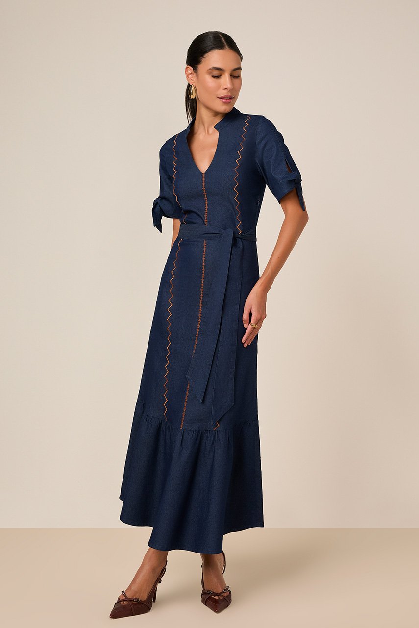 Vestido Mídi Jeans Bordado Com Faixa Titanium Jeans