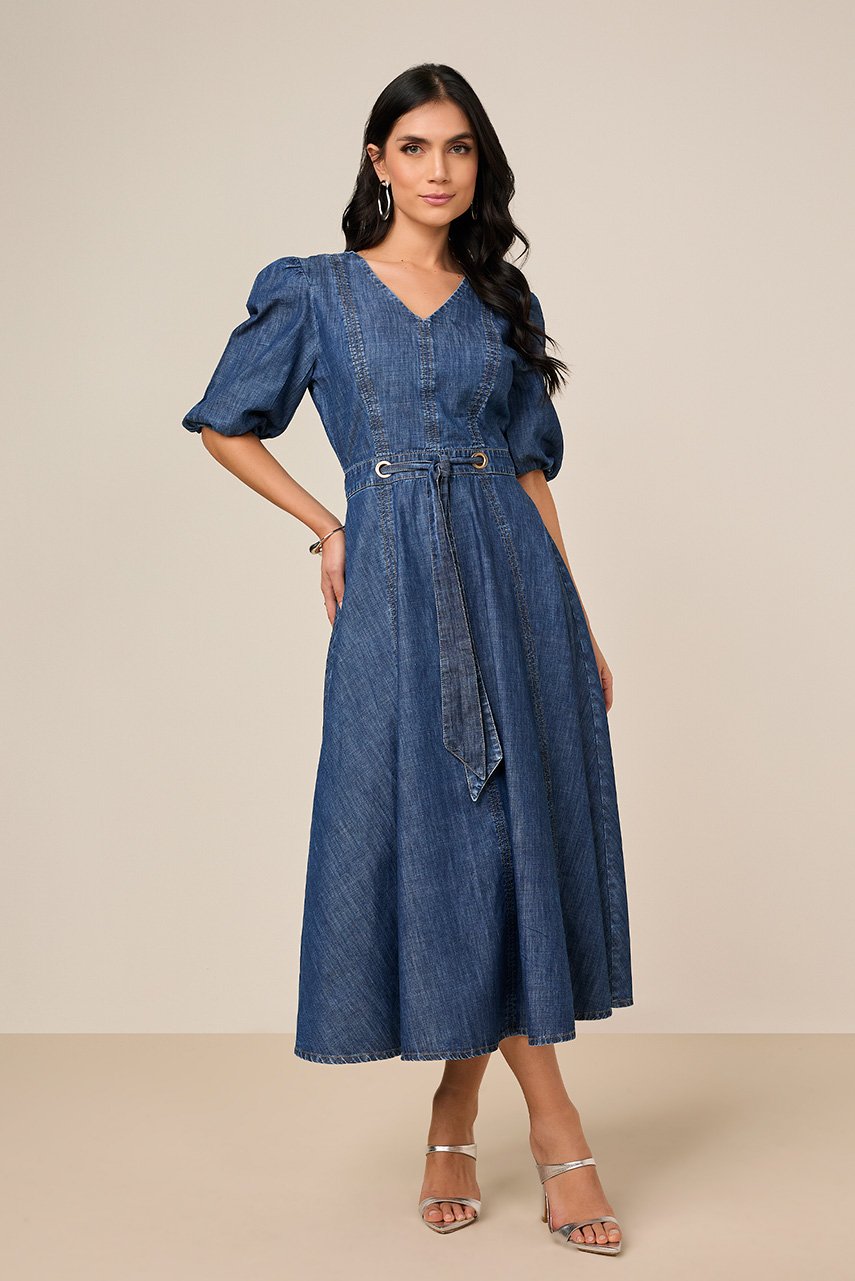 Vestido Godê Jeans Com Ilhós e Faixa Titanium Jeans