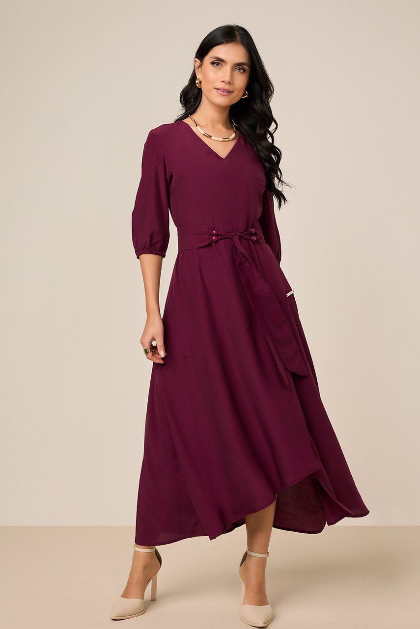 Vestido Mídi Plano Vinho Com Faixa Titanium Jeans
