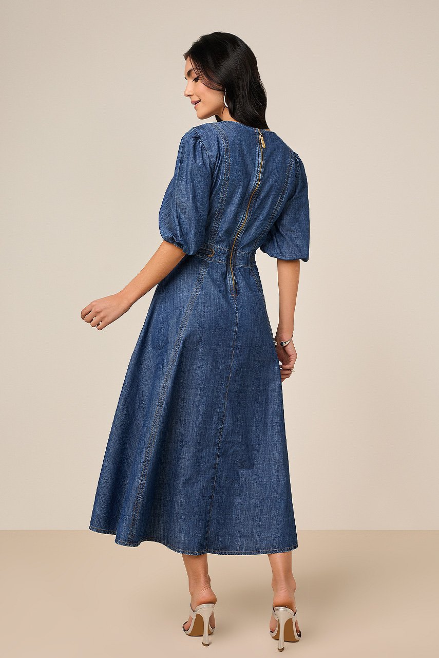 Vestido Godê Jeans Com Ilhós e Faixa Titanium Jeans