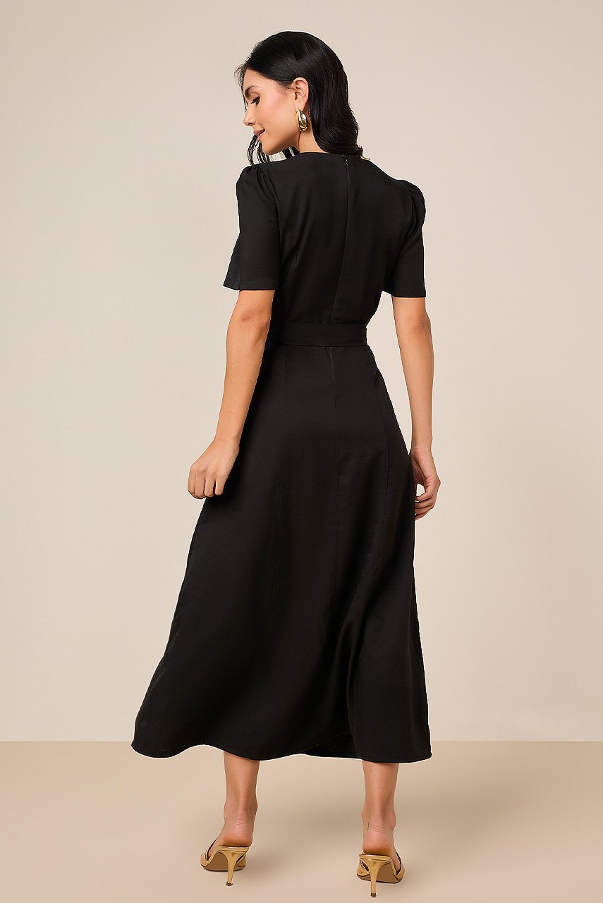 Vestido Mídi Godê Alfaiataria de Viscose Preto Com Faixa Titanium Jeans