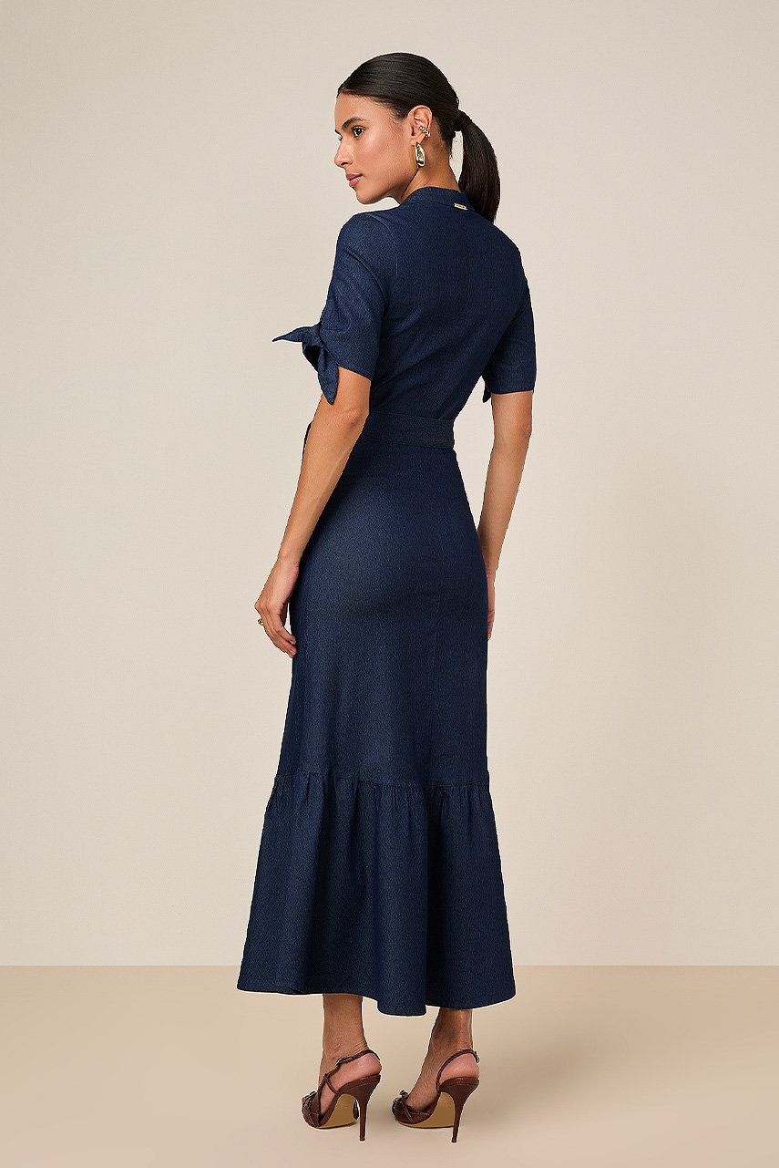 Vestido Mídi Jeans Bordado Com Faixa Titanium Jeans