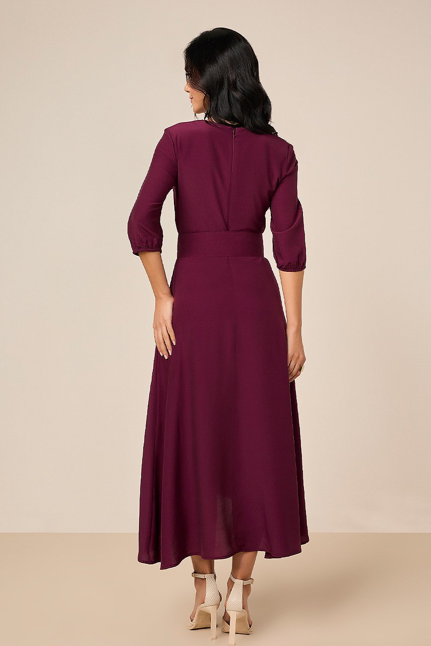 Vestido Mídi Plano Vinho Com Faixa Titanium Jeans