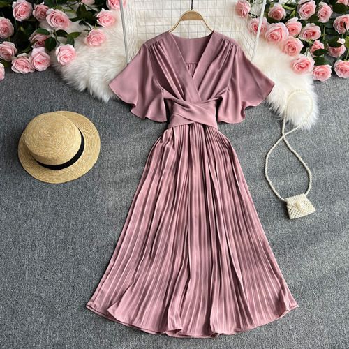 Vestido Aurora Midi Plissado com Manga - Rosa