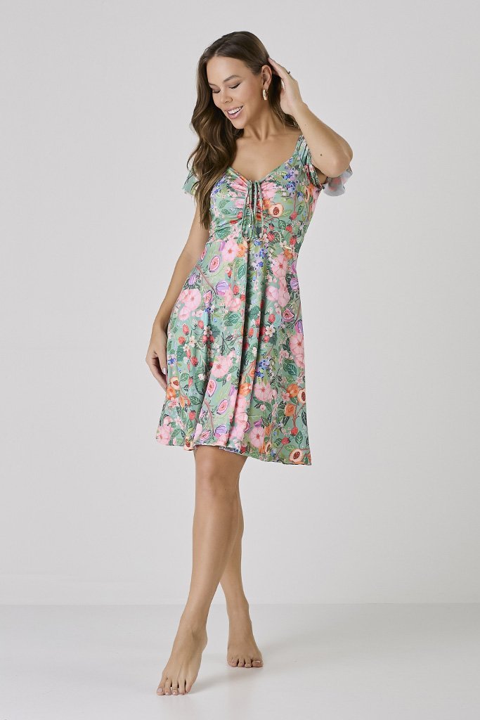 Vestido Verde Com Short Moda Praia Modesta Estampa Exclusiva