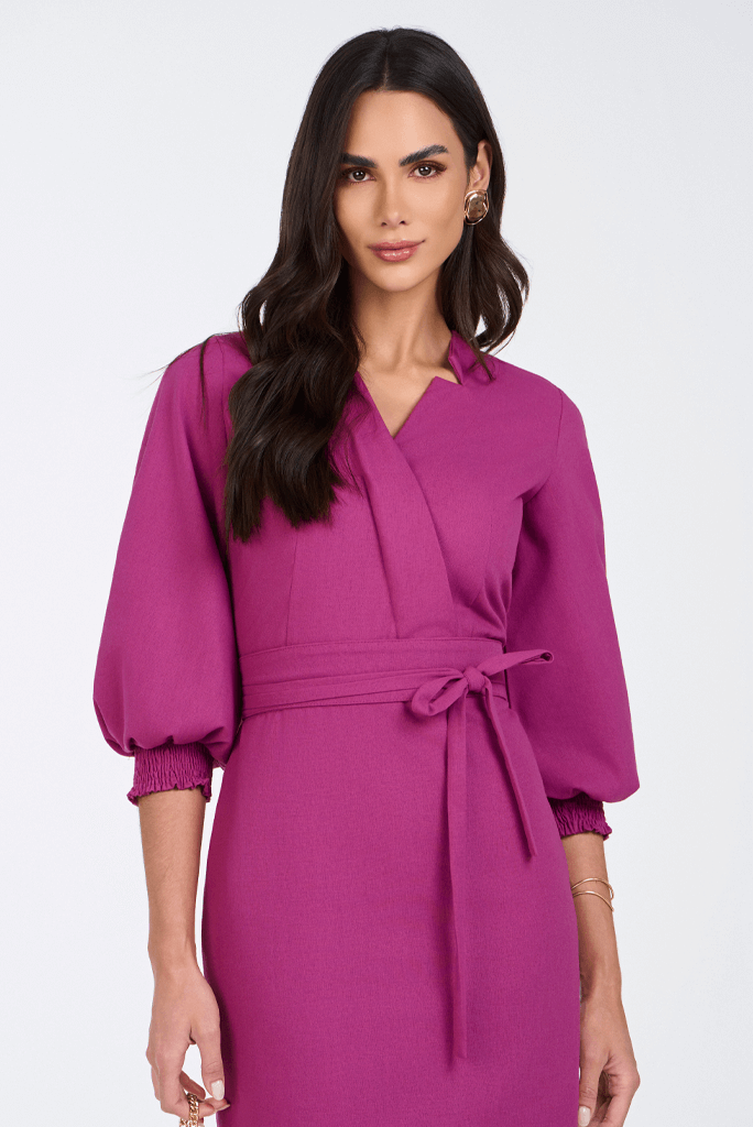Vestido Rosa Reto Midi Em Linho Transpassado Via Tolentino