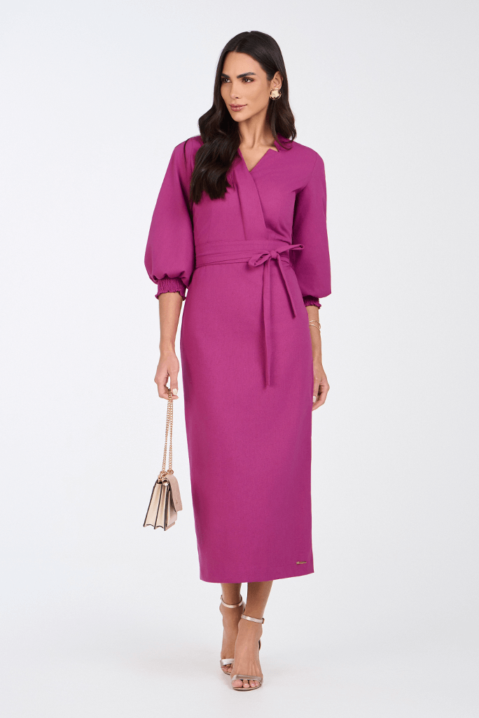 Vestido Rosa Reto Midi Em Linho Transpassado Via Tolentino