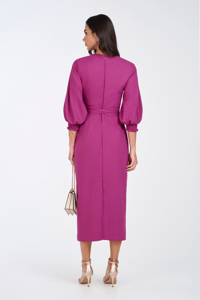 Vestido Rosa Reto Midi Em Linho Transpassado Via Tolentino
