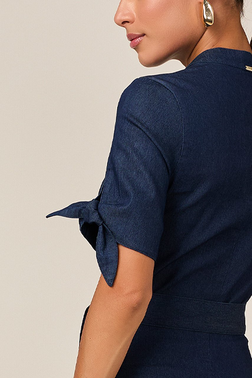 Vestido Mídi Jeans Bordado Com Faixa Titanium Jeans