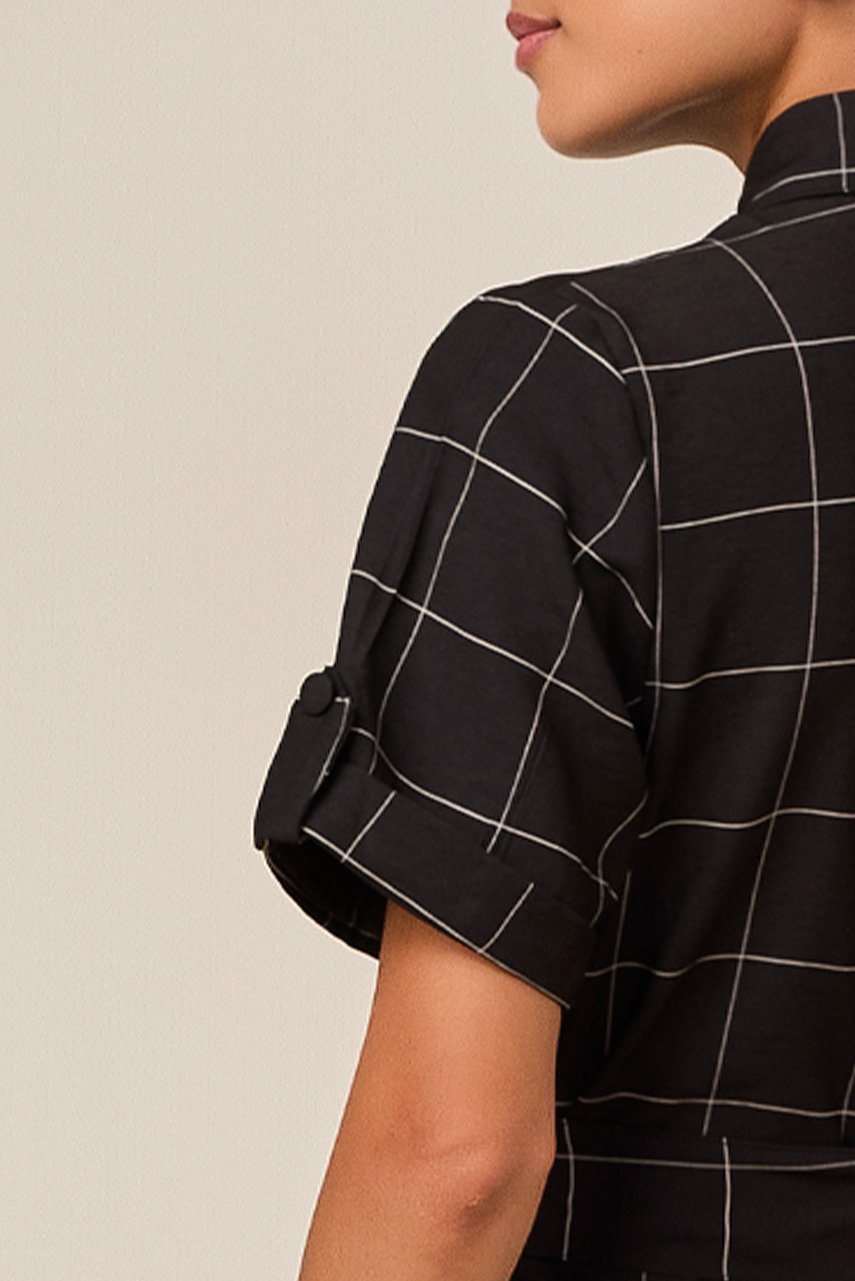 Chemise Preto Mídi Alfaiataria Com Viscose Xadrez Com Faixa Titanium Jeans
