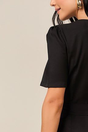 Vestido Mídi Godê Alfaiataria de Viscose Preto Com Faixa Titanium Jeans