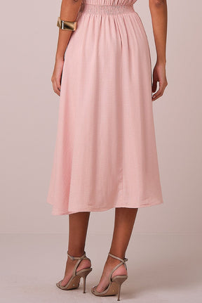 Vestido Rosa Maxi Midi no Viscolinho Franzido no Busto