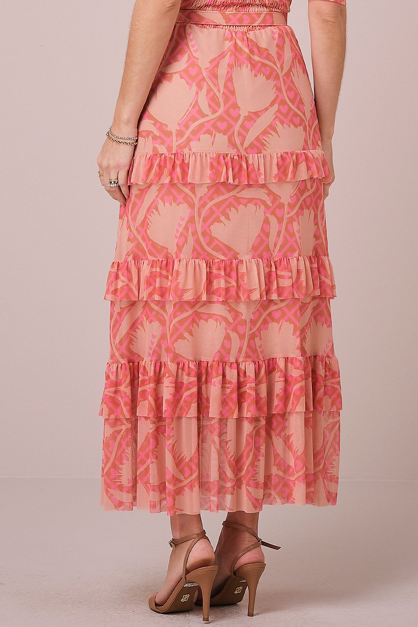 Vestido Bege Maxi Midi no Tule Estampado Aurora