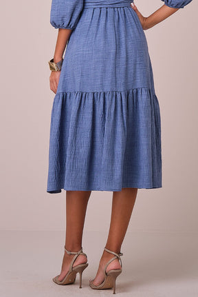 Vestido Azul Maxi Midi no Crepe com Mangas Bordadas