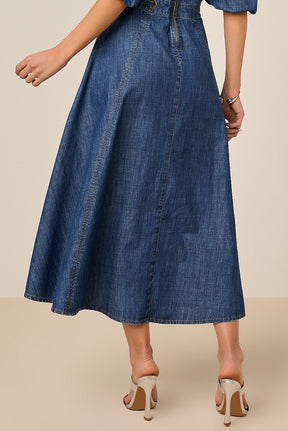 Vestido Godê Jeans Com Ilhós e Faixa Titanium Jeans