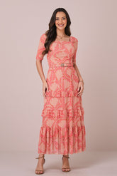 Vestido Bege Maxi Midi no Tule Estampado Aurora