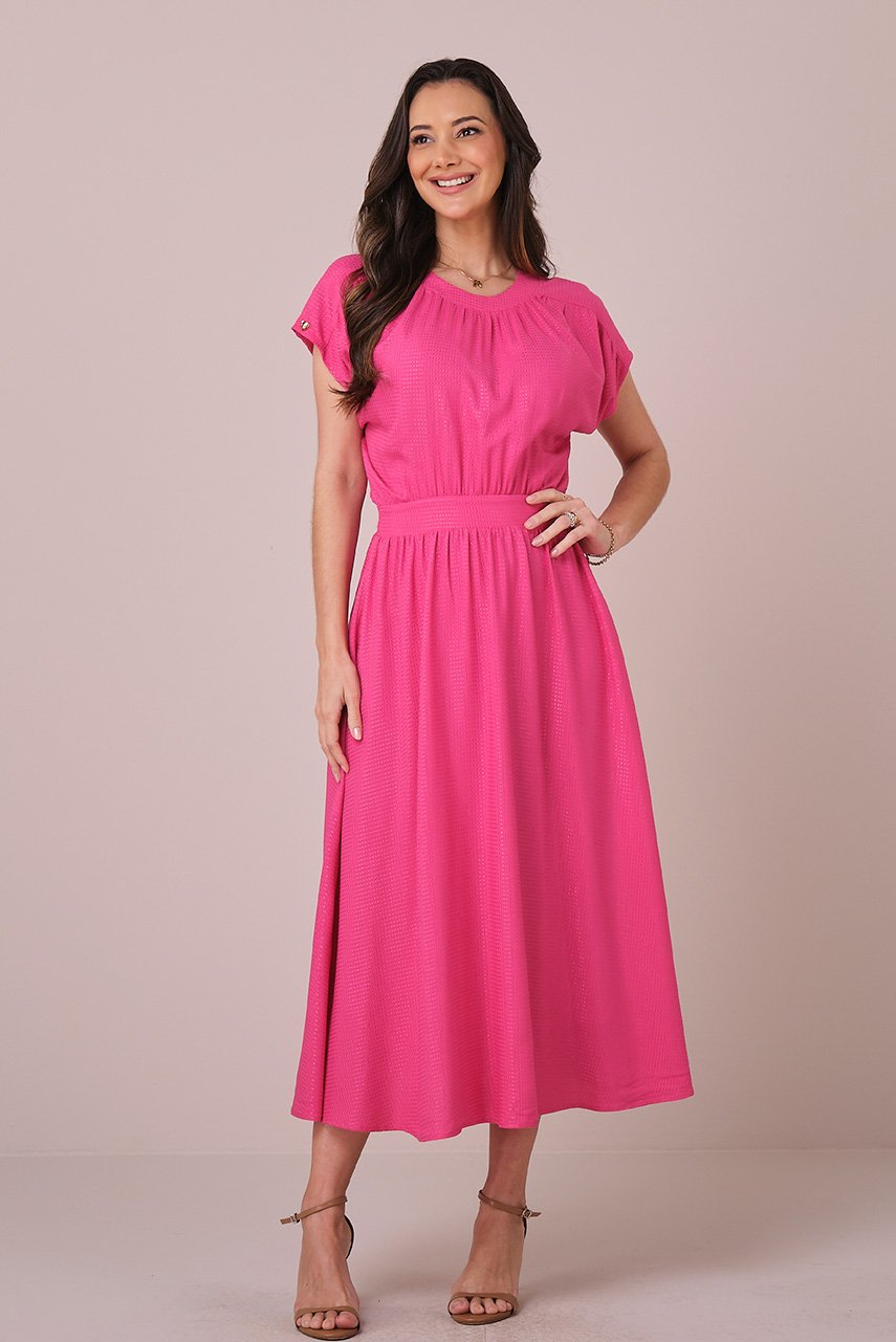 Vestido Pink Maxi Midi no Viscolinho Franzido no Busto