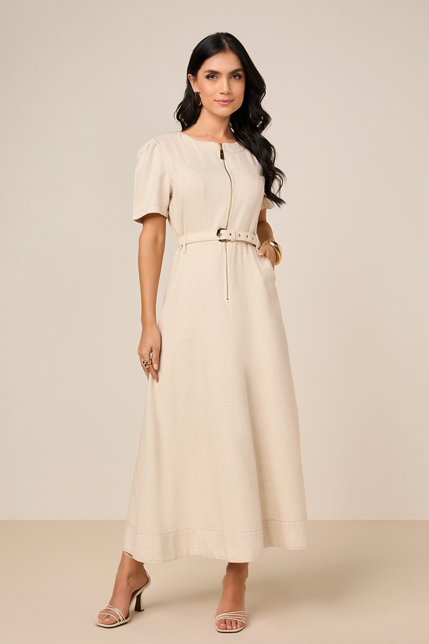 Vestido Mídi Godê Viscolinho Sustentável Com Zíper e Faixa Titanium Jeans