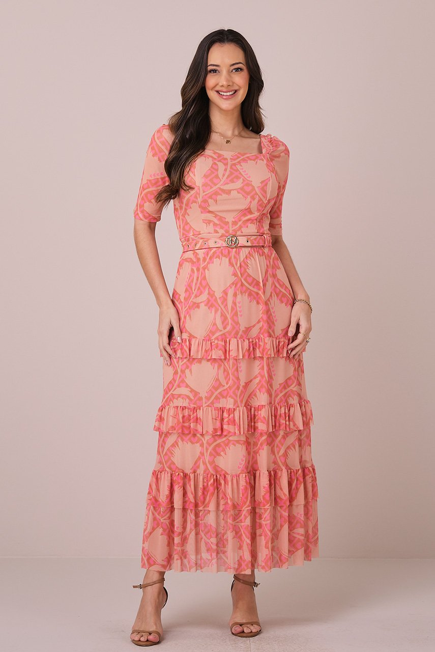 Vestido Bege Maxi Midi no Tule Estampado Aurora