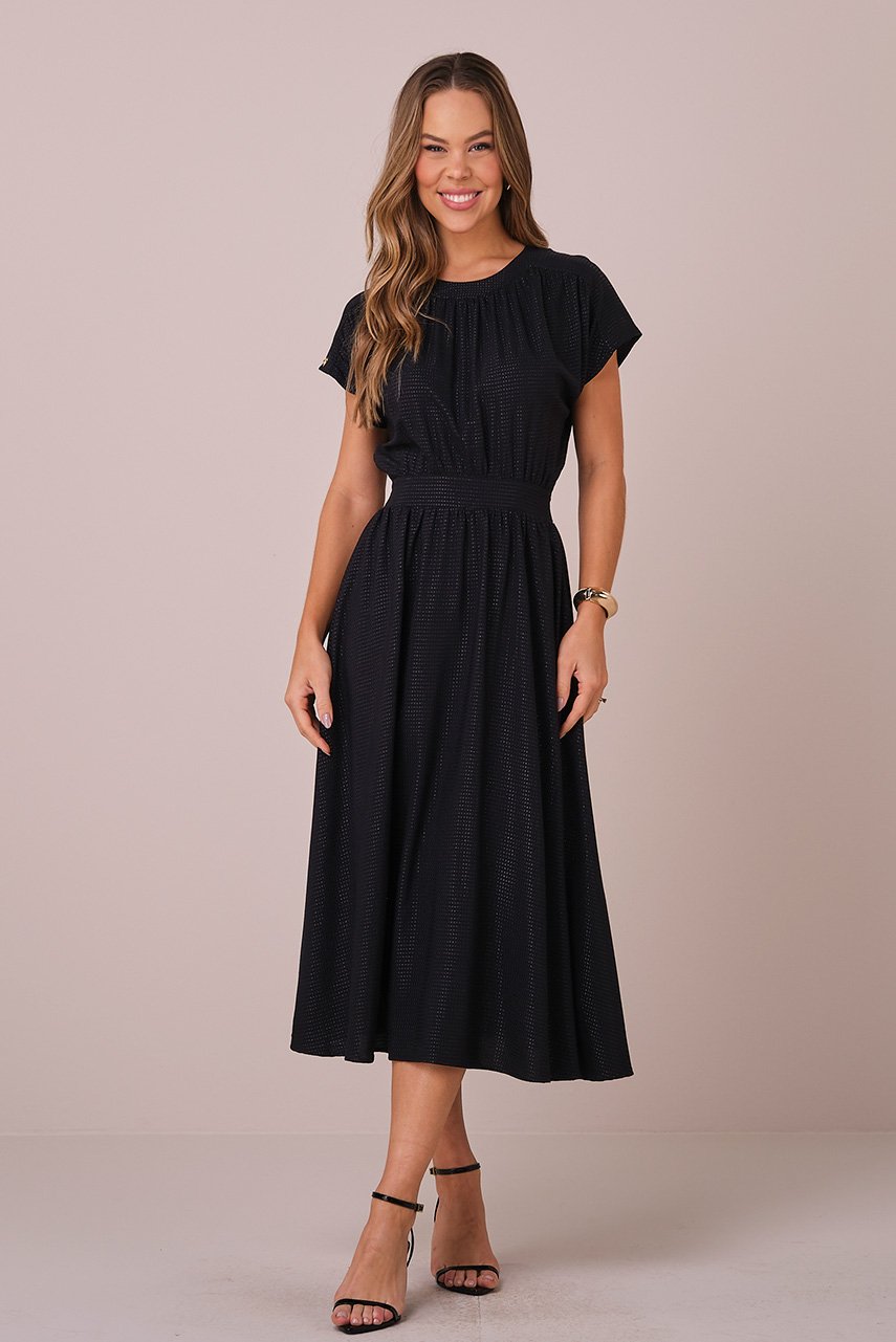 Vestido Preto Maxi Midi no Viscolinho Franzido no Busto