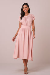 Vestido Rosa Maxi Midi no Viscolinho Franzido no Busto