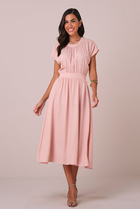 Vestido Rosa Maxi Midi no Viscolinho Franzido no Busto