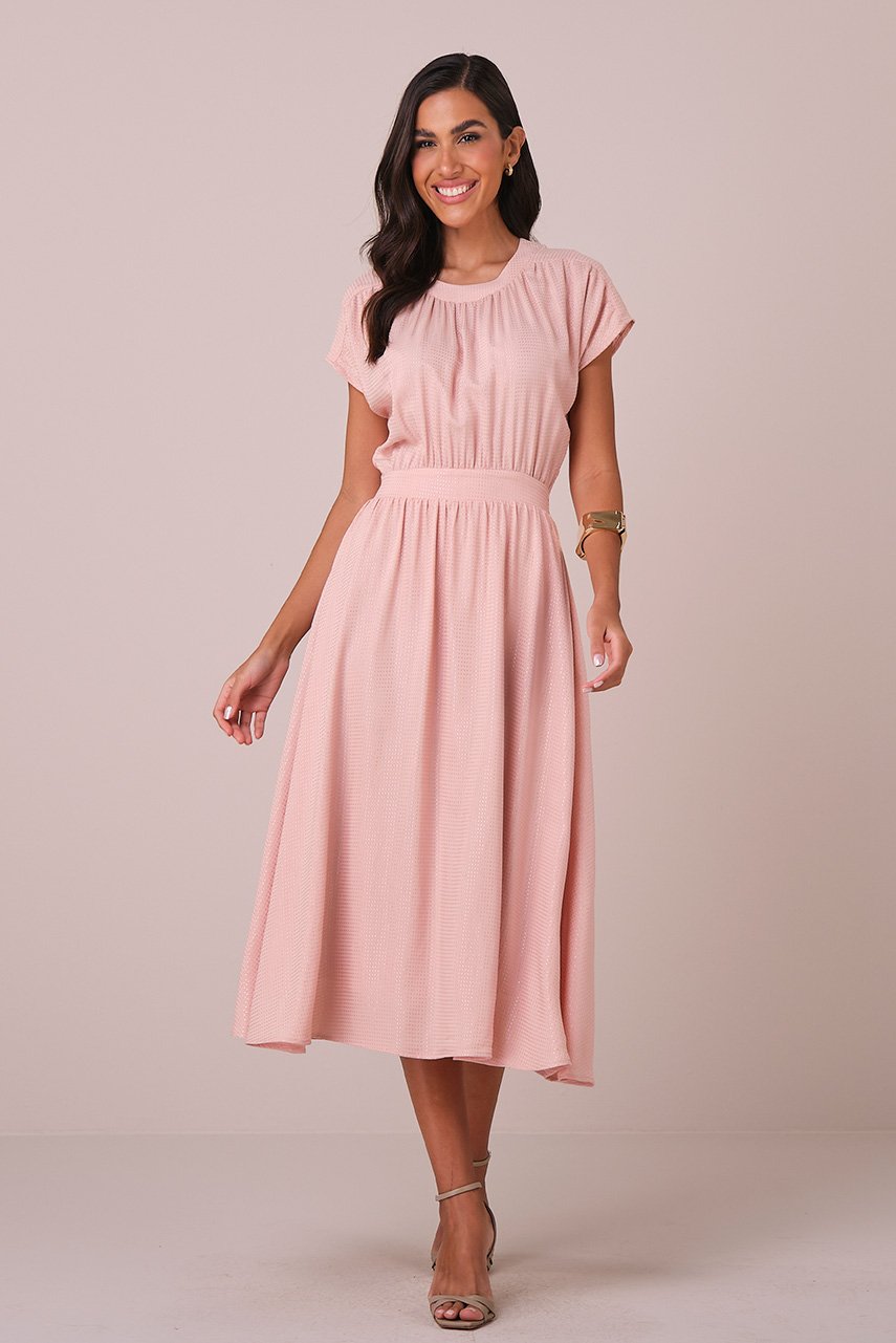 Vestido Rosa Maxi Midi no Viscolinho Franzido no Busto