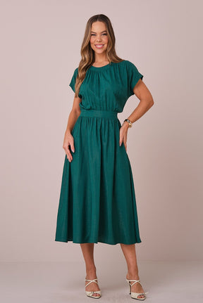 Vestido Verde Maxi Midi no Viscolinho Franzido no Busto