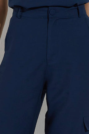 Calça Reta Alfaiataria Cós Alto Com Bolso Cargo Azul