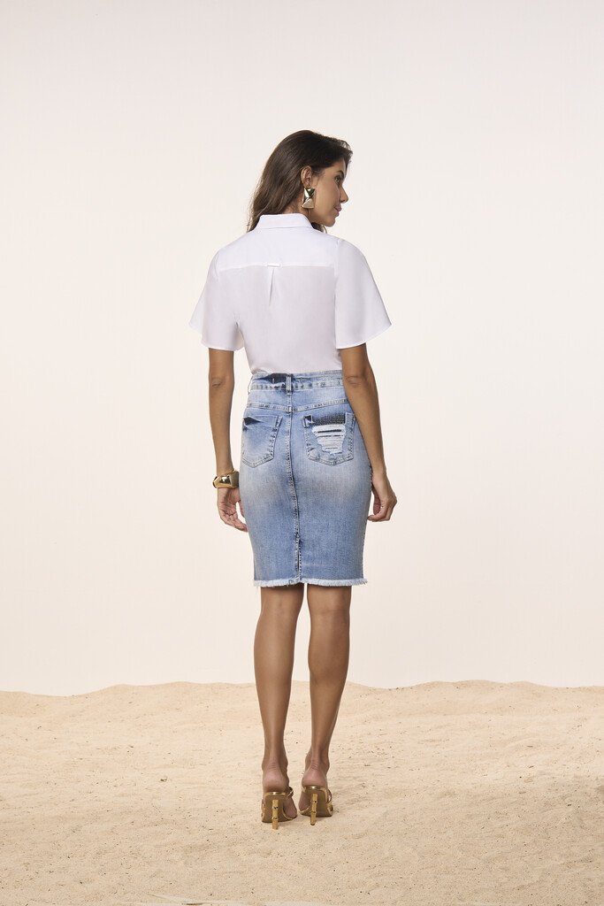 Saia Tradicional Jeans Com Termocolante e Barra Desfiada Titanium Jeans