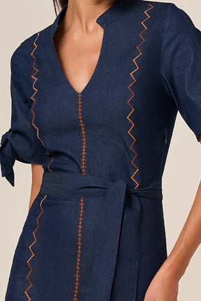 Vestido Mídi Jeans Bordado Com Faixa Titanium Jeans
