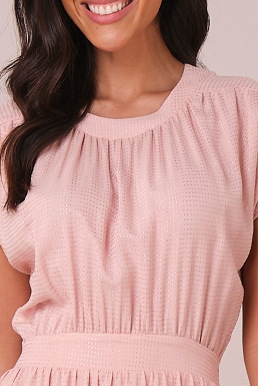 Vestido Rosa Maxi Midi no Viscolinho Franzido no Busto