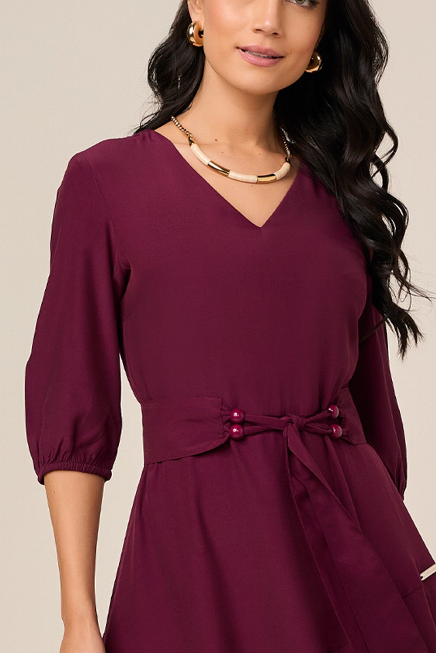 Vestido Mídi Plano Vinho Com Faixa Titanium Jeans