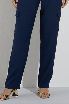 Calça Reta Alfaiataria Cós Alto Com Bolso Cargo Azul