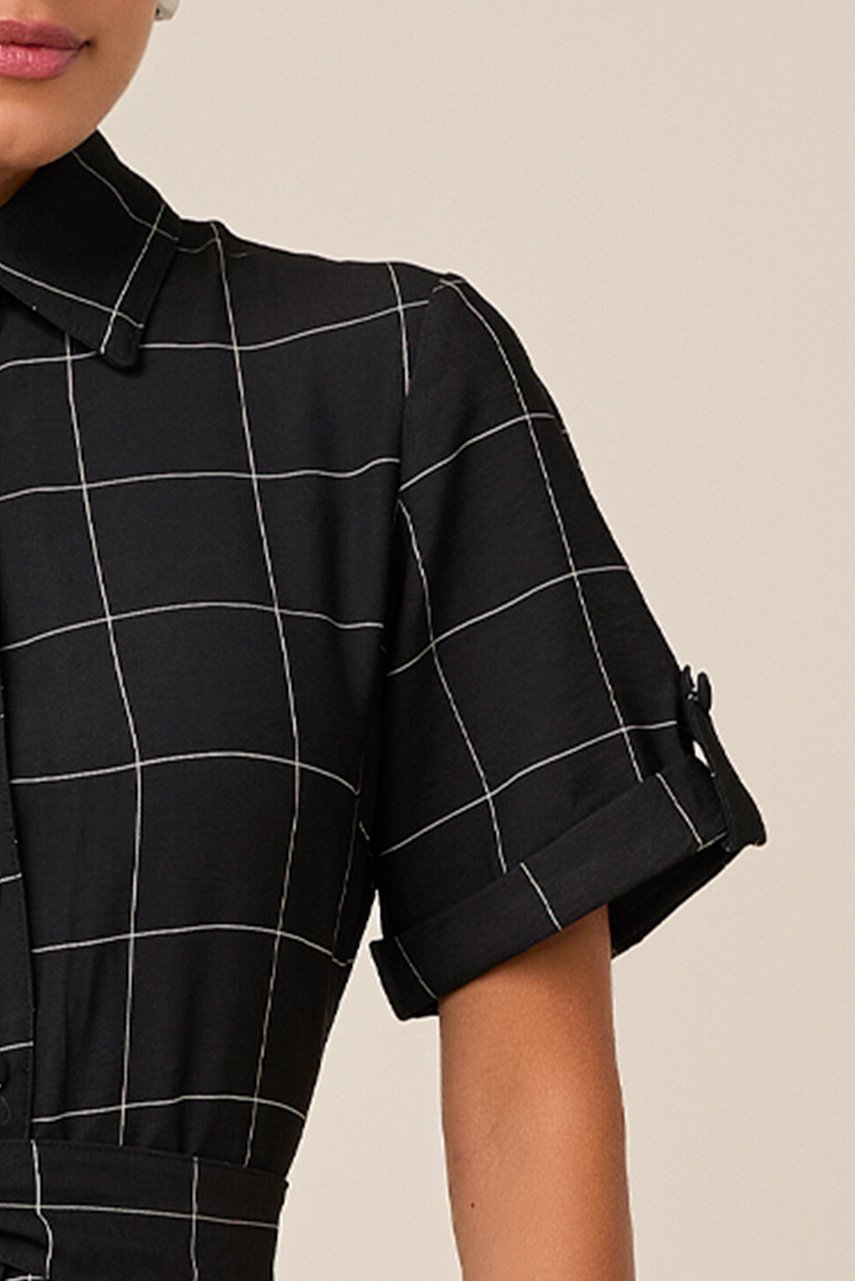 Chemise Preto Mídi Alfaiataria Com Viscose Xadrez Com Faixa Titanium Jeans
