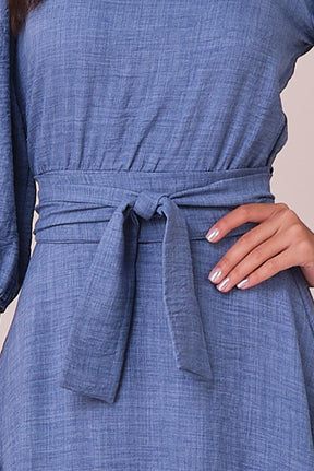 Vestido Azul Maxi Midi no Crepe com Mangas Bordadas