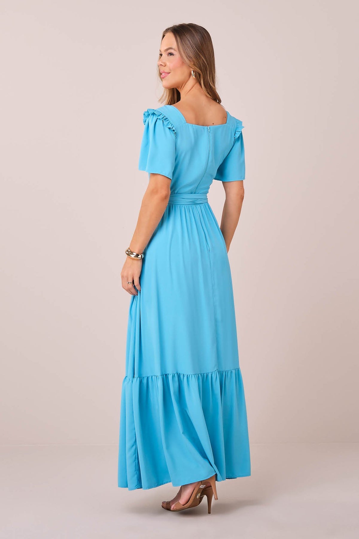 Vestido Azul Longo no Crepe Fluido