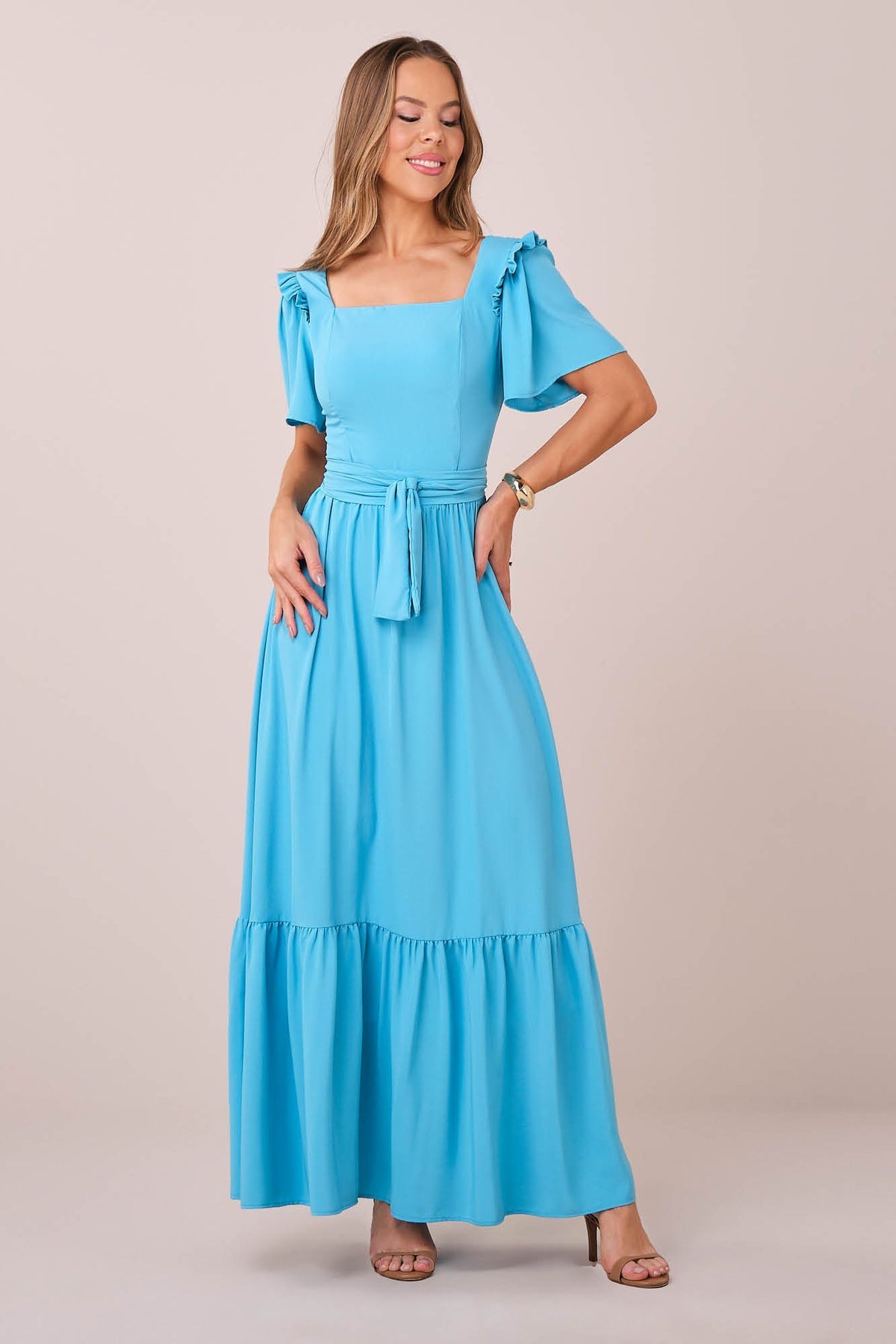Vestido Azul Longo no Crepe Fluido