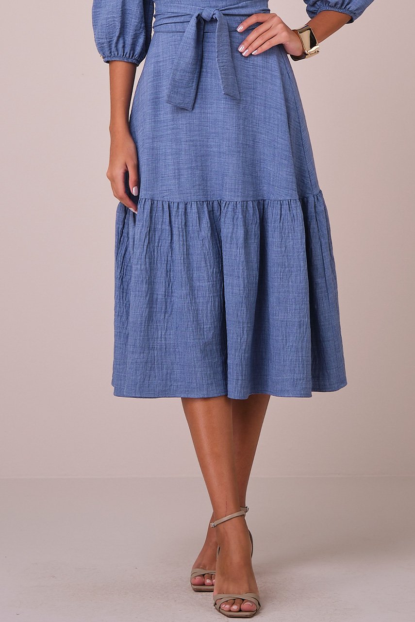 Vestido Azul Maxi Midi no Crepe com Mangas Bordadas