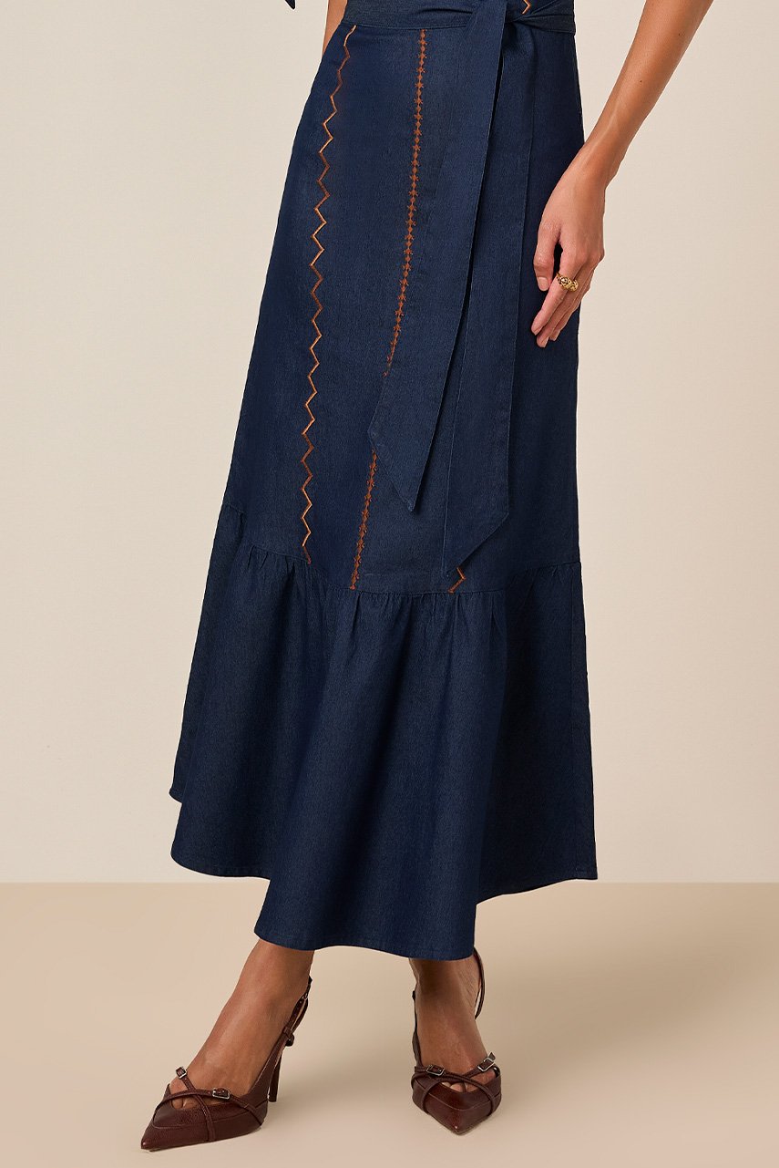 Vestido Mídi Jeans Bordado Com Faixa Titanium Jeans