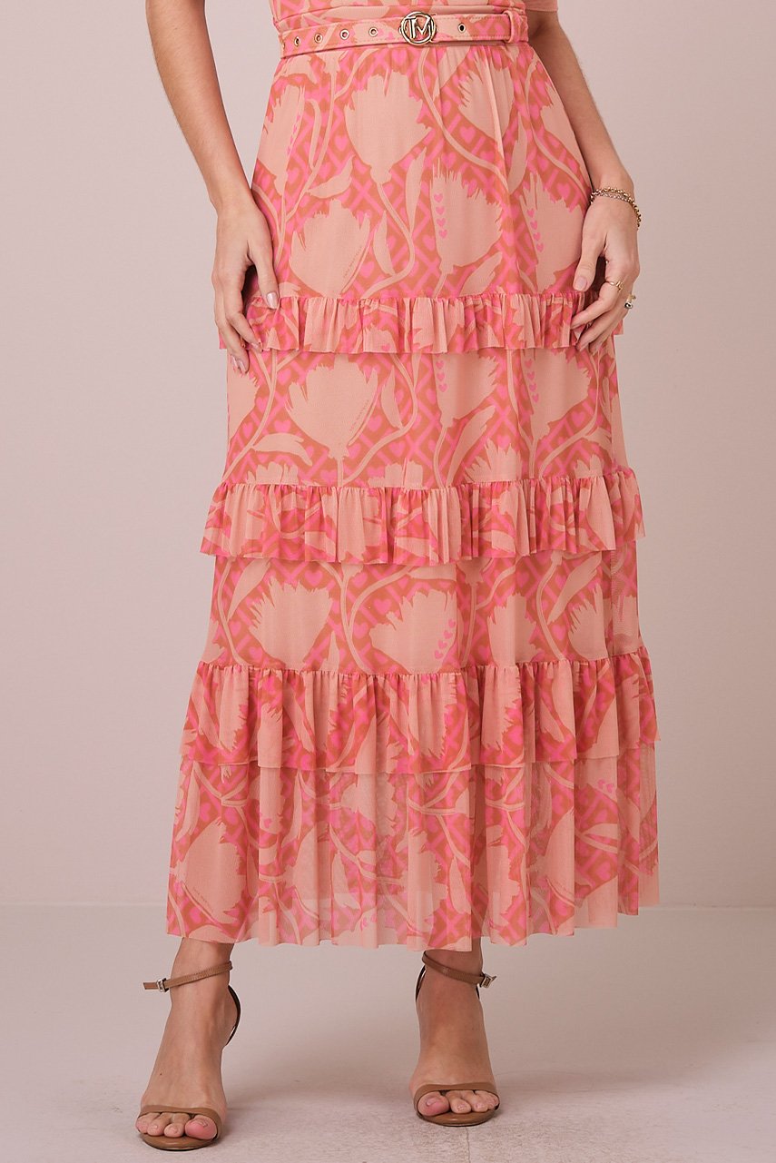 Vestido Bege Maxi Midi no Tule Estampado Aurora