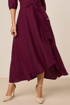 Vestido Mídi Plano Vinho Com Faixa Titanium Jeans