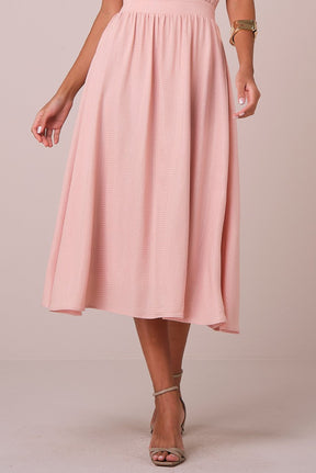 Vestido Rosa Maxi Midi no Viscolinho Franzido no Busto