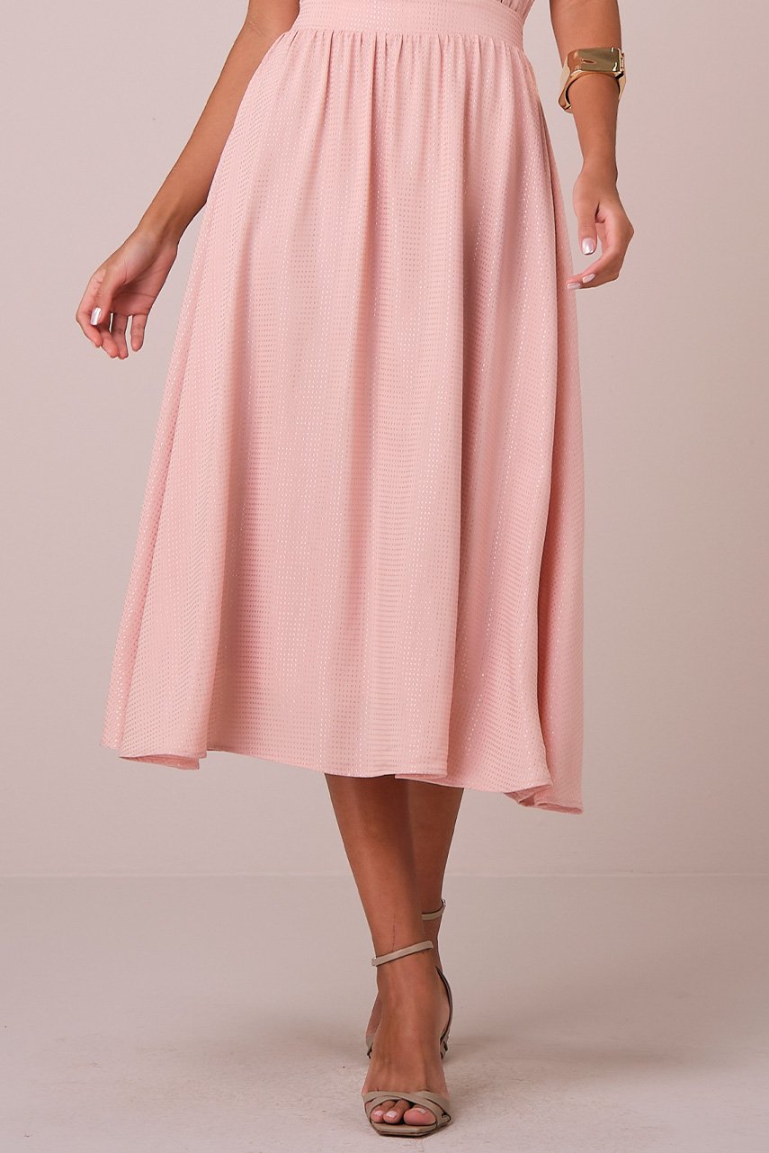 Vestido Rosa Maxi Midi no Viscolinho Franzido no Busto